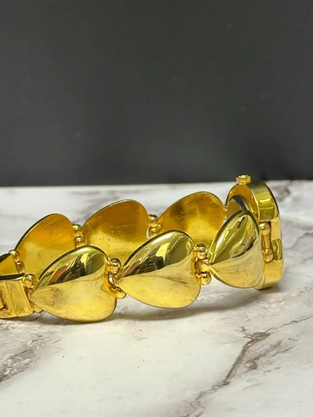 Vintage Heart Watch Women Gold Tone White Dial Chunky Statement 6.75